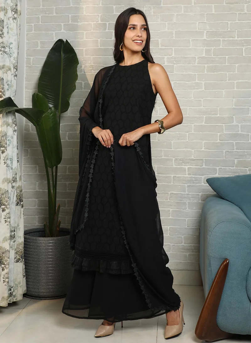 Qissa  Women's Midnight Black Ditsy Floral Kurta Set For Casual Wear | Halter Neck | Sleeveless | 2 Piece Kurta Set Designed With Comfort Fit For Everyday Ethnic Wear for Women | Best Price UAE